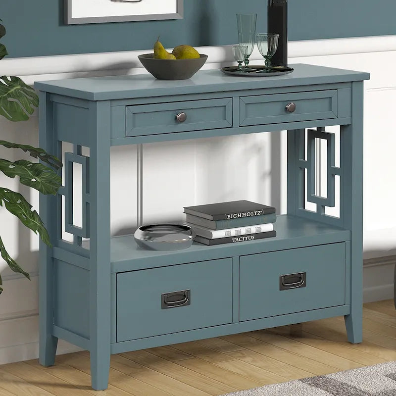 36 Table console en pin rustique, table d'entrée/arrière de canapé avec 4 tiroirs et 1 étagère de rangement