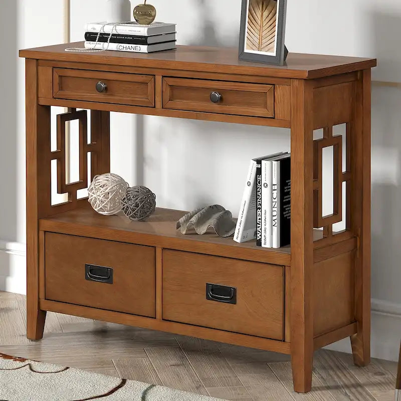 36 Table console en pin rustique, table d'entrée/arrière de canapé avec 4 tiroirs et 1 étagère de rangement
