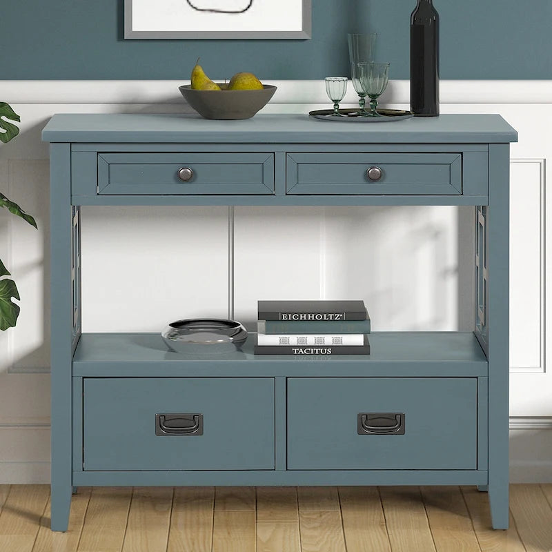 36   Farmhouse Pine Wood Console Table Entry Sofa Table with 4 Drawers & 1 Storage Shelf