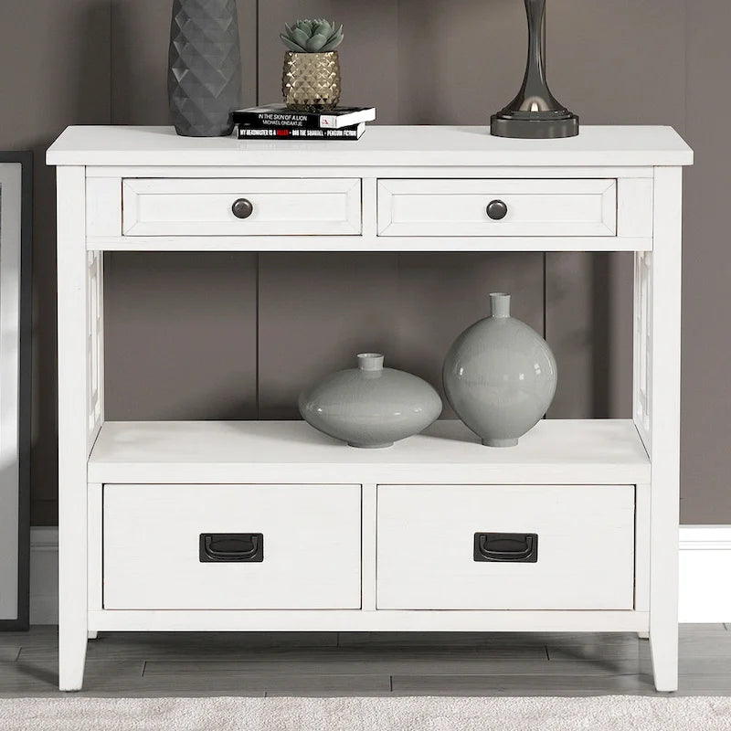 36 Table console en pin rustique, table d'entrée/arrière de canapé avec 4 tiroirs et 1 étagère de rangement