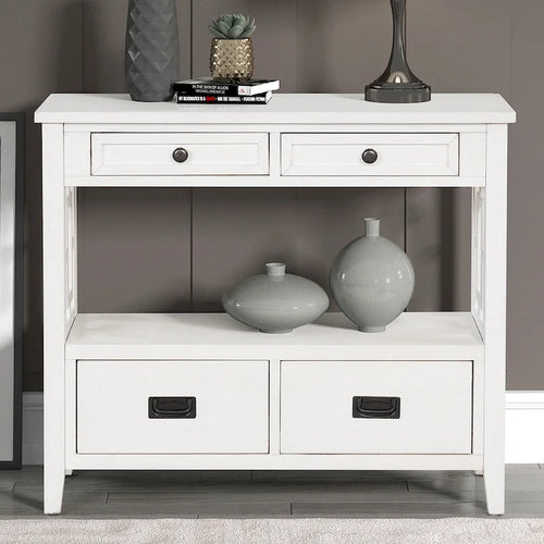 36 Table console en pin rustique, table d'entrée/arrière de canapé avec 4 tiroirs et 1 étagère de rangement