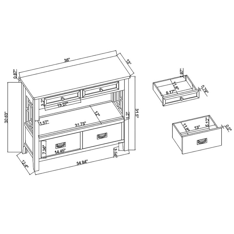 36 Table console en pin rustique, table d'entrée/arrière de canapé avec 4 tiroirs et 1 étagère de rangement