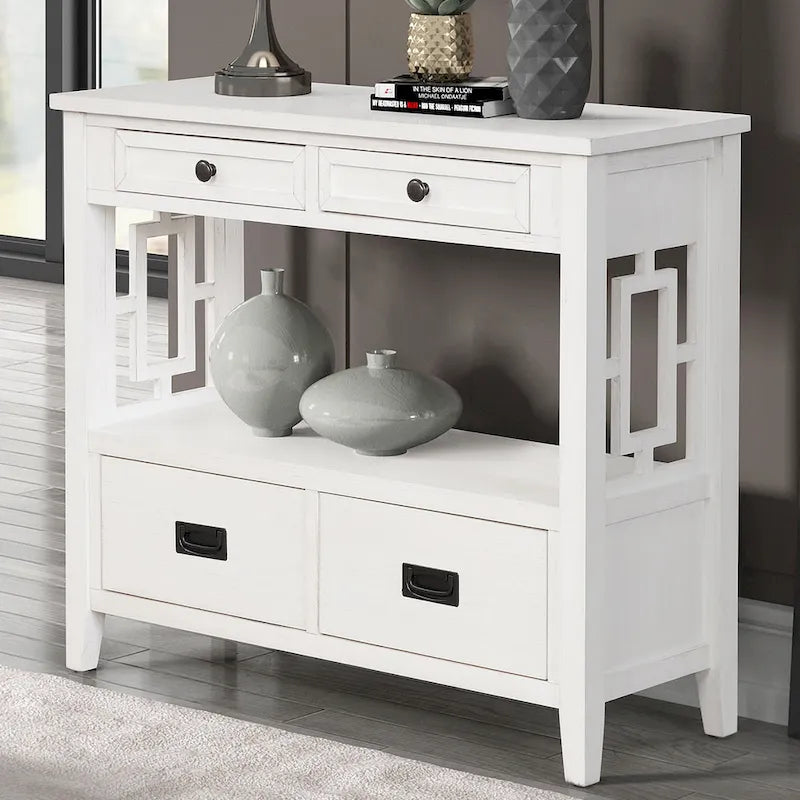 36 Table console en pin rustique, table d'entrée/arrière de canapé avec 4 tiroirs et 1 étagère de rangement