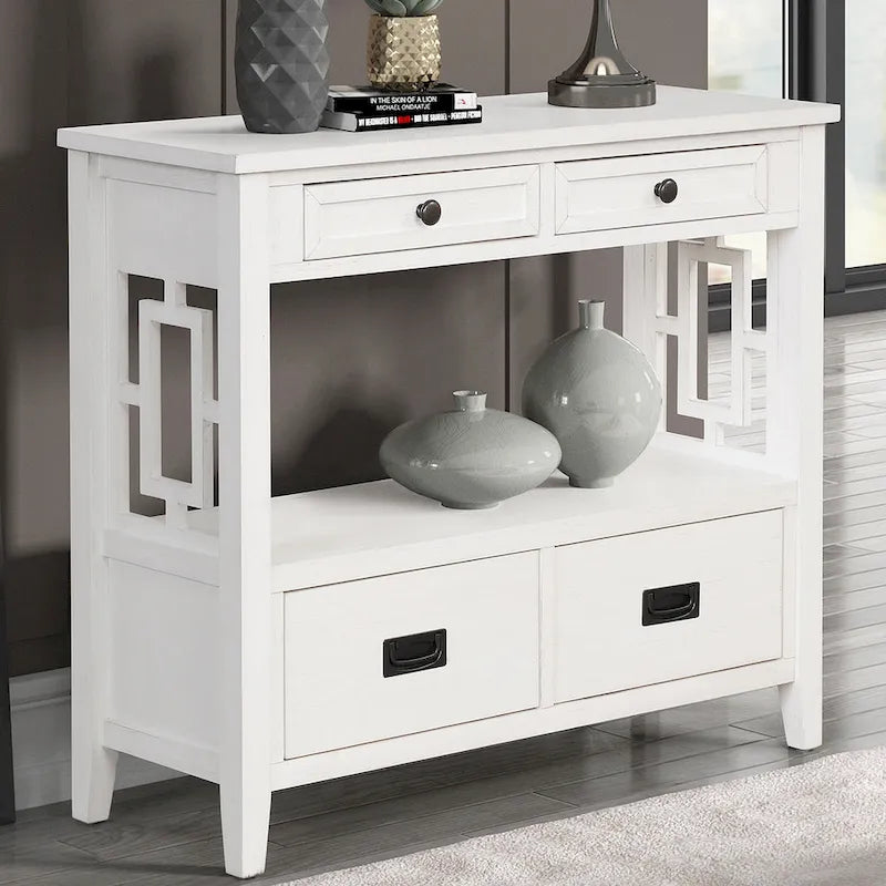 36 Table console en pin rustique, table d'entrée/arrière de canapé avec 4 tiroirs et 1 étagère de rangement