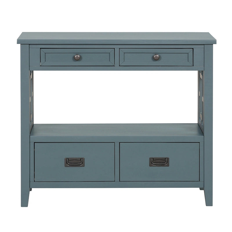 36 Table console en pin rustique, table d'entrée/arrière de canapé avec 4 tiroirs et 1 étagère de rangement