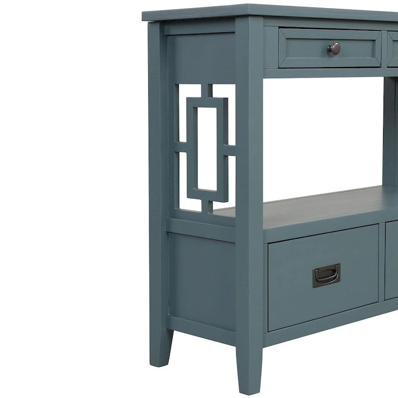 36 Table console en pin rustique, table d'entrée/arrière de canapé avec 4 tiroirs et 1 étagère de rangement