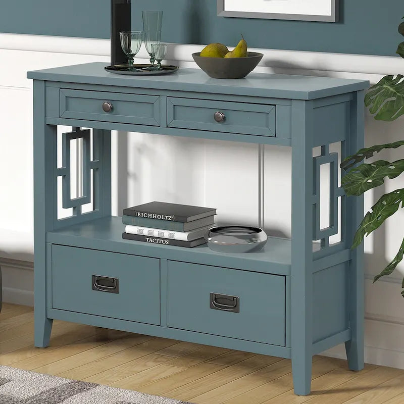 36 Table console en pin rustique, table d'entrée/arrière de canapé avec 4 tiroirs et 1 étagère de rangement