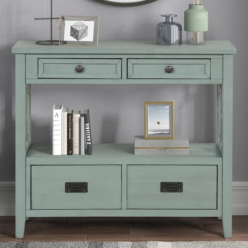 36 Table console en pin rustique, table d'entrée/arrière de canapé avec 4 tiroirs et 1 étagère de rangement