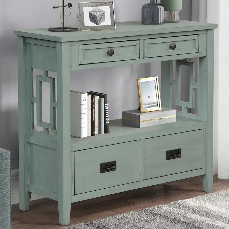 36 Table console en pin rustique, table d'entrée/arrière de canapé avec 4 tiroirs et 1 étagère de rangement