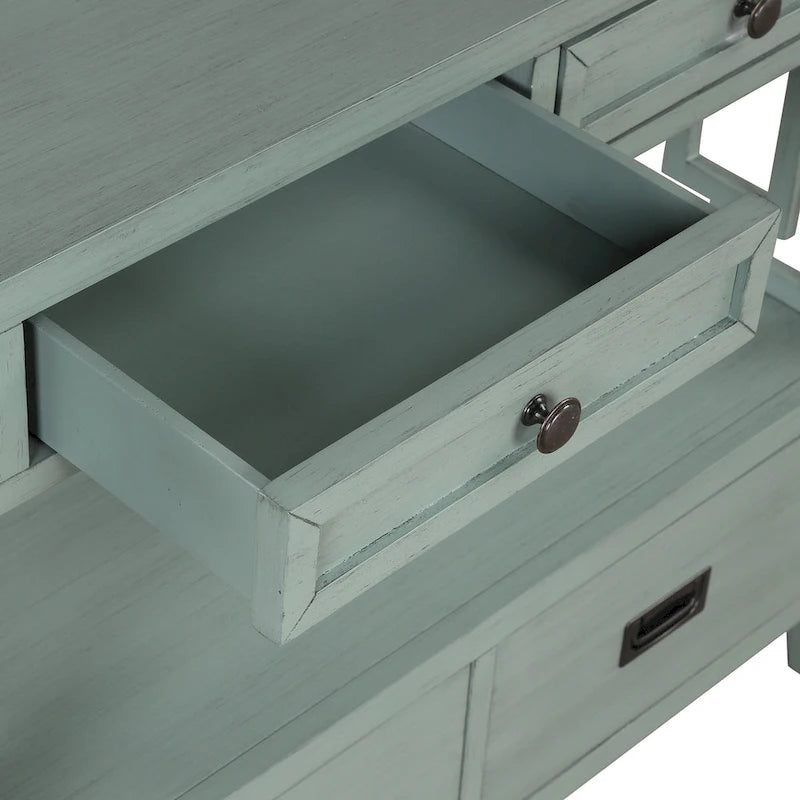36 Table console en pin rustique, table d'entrée/arrière de canapé avec 4 tiroirs et 1 étagère de rangement