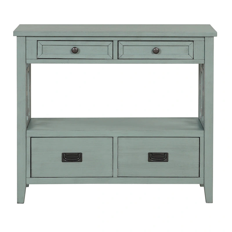 36 Table console en pin rustique, table d'entrée/arrière de canapé avec 4 tiroirs et 1 étagère de rangement