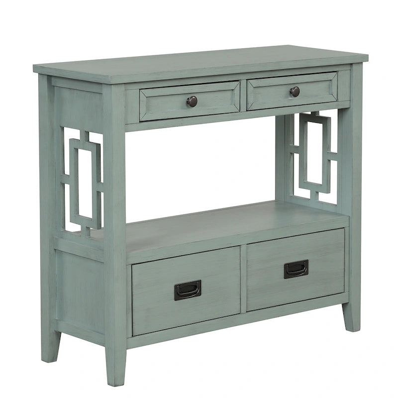 36 Table console en pin rustique, table d'entrée/arrière de canapé avec 4 tiroirs et 1 étagère de rangement