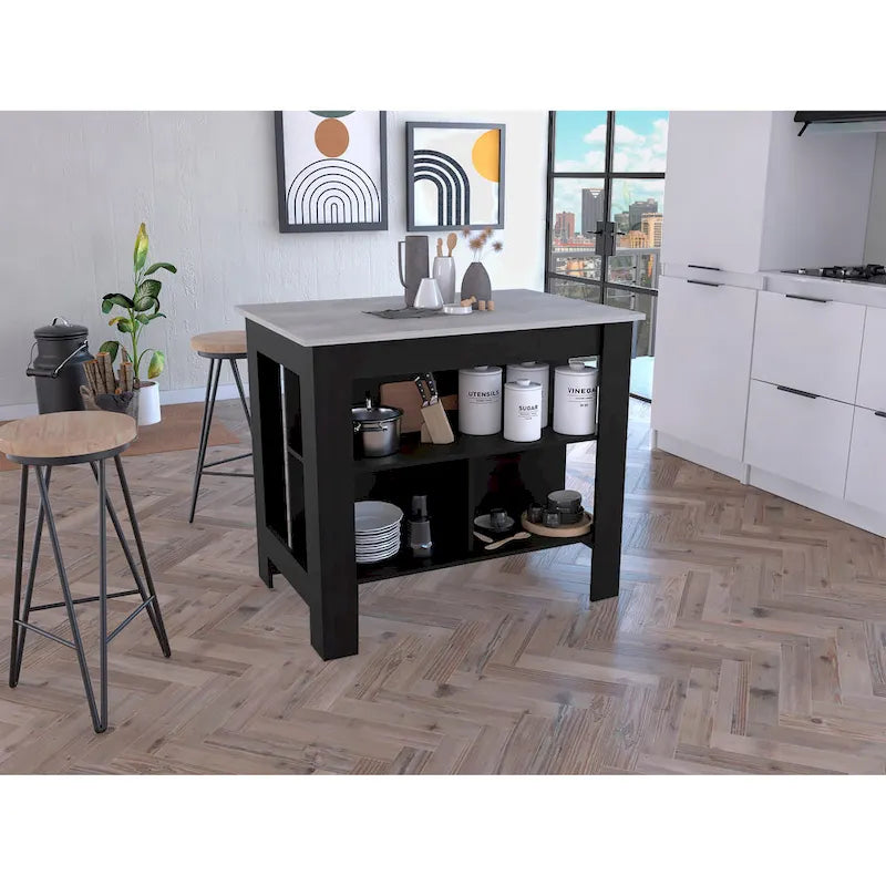 Îlot de cuisine avec quatre pieds, trois étagères