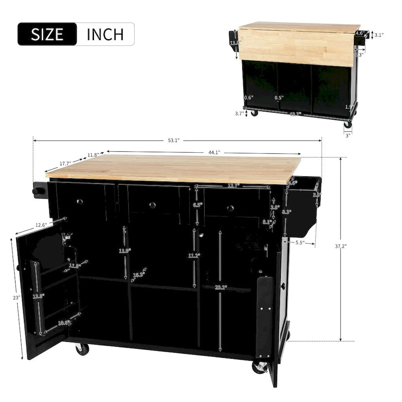 Îlot de cuisine en MDF de 53 po de largeur avec comptoir et armoire de rangement