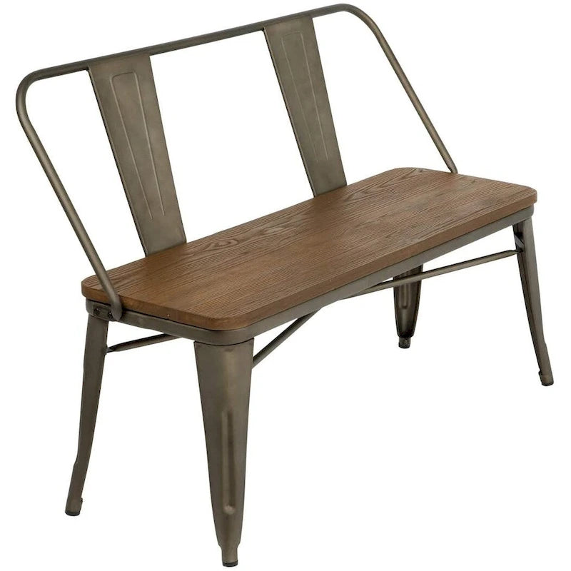 Banc de salle à manger, Banc d'entrée avec dossier, Banc de salle à manger en métal style ferme, Banc industriel du milieu du siècle pour 3 personnes, Assise en bois
