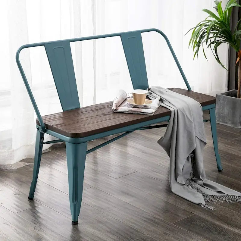 Banc de salle à manger, Banc d'entrée avec dossier, Banc de salle à manger en métal style ferme, Banc industriel du milieu du siècle pour 3 personnes, Assise en bois