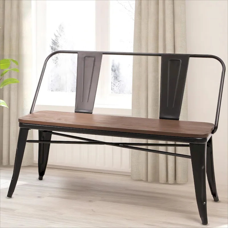 Banc de salle à manger, Banc d'entrée avec dossier, Banc de salle à manger en métal style ferme, Banc industriel du milieu du siècle pour 3 personnes, Assise en bois