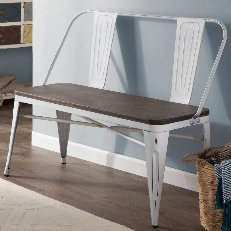 Banc de salle à manger, Banc d'entrée avec dossier, Banc de salle à manger en métal style ferme, Banc industriel du milieu du siècle pour 3 personnes, Assise en bois