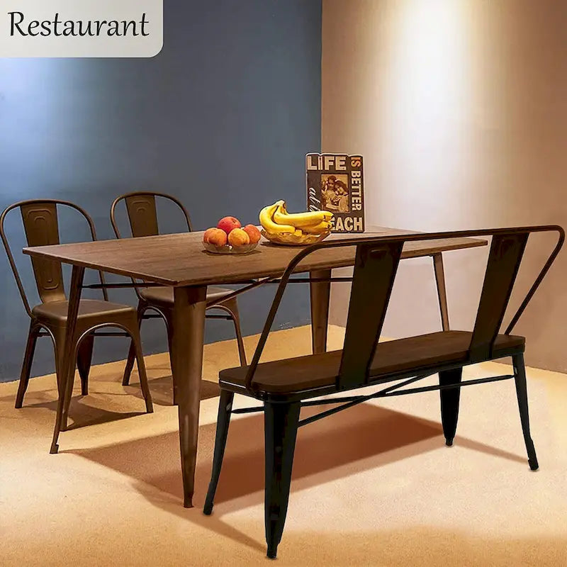 Banc de salle à manger, Banc d'entrée avec dossier, Banc de salle à manger en métal style ferme, Banc industriel du milieu du siècle pour 3 personnes, Assise en bois