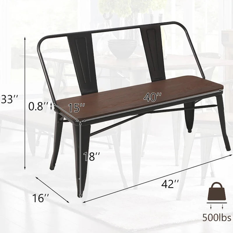Banc de salle à manger, Banc d'entrée avec dossier, Banc de salle à manger en métal style ferme, Banc industriel du milieu du siècle pour 3 personnes, Assise en bois
