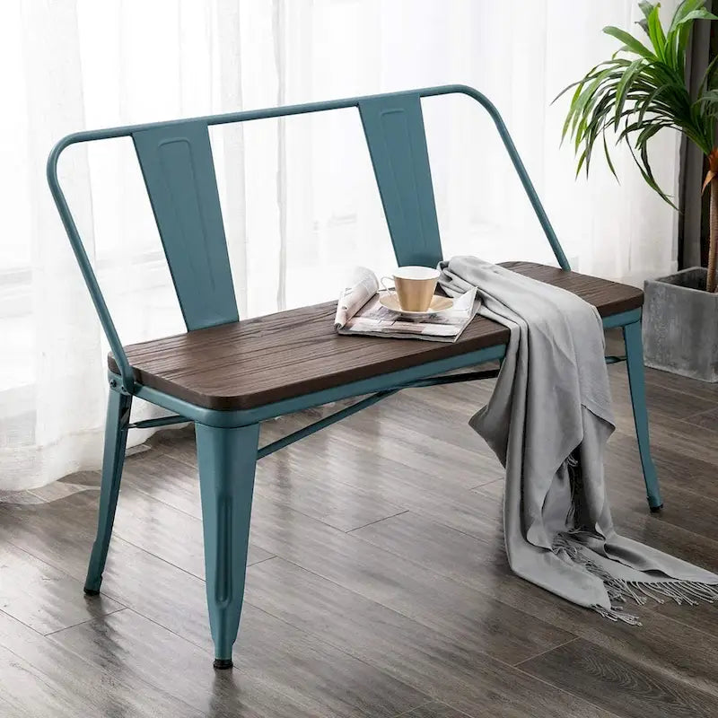 Banc de salle à manger, Banc d'entrée avec dossier, Banc de salle à manger en métal style ferme, Banc industriel du milieu du siècle pour 3 personnes, Assise en bois