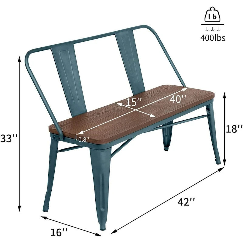 Banc de salle à manger, Banc d'entrée avec dossier, Banc de salle à manger en métal style ferme, Banc industriel du milieu du siècle pour 3 personnes, Assise en bois