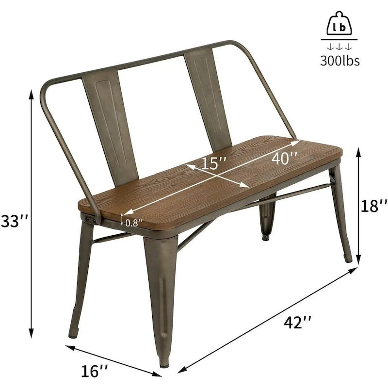 Banc de salle à manger, Banc d'entrée avec dossier, Banc de salle à manger en métal style ferme, Banc industriel du milieu du siècle pour 3 personnes, Assise en bois