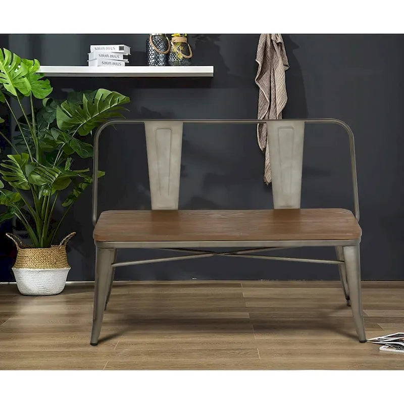 Banc de salle à manger, Banc d'entrée avec dossier, Banc de salle à manger en métal style ferme, Banc industriel du milieu du siècle pour 3 personnes, Assise en bois