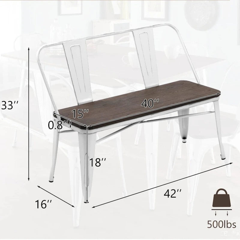Banc de salle à manger, Banc d'entrée avec dossier, Banc de salle à manger en métal style ferme, Banc industriel du milieu du siècle pour 3 personnes, Assise en bois