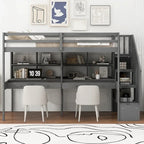 Cadre de lit mezzanine simple avec escalier de rangement, deux bureaux et étagères, gris