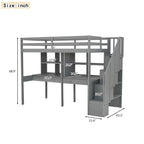 Cadre de lit mezzanine simple avec escalier de rangement, deux bureaux et étagères, gris
