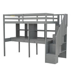 Cadre de lit mezzanine simple avec escalier de rangement, deux bureaux et étagères, gris