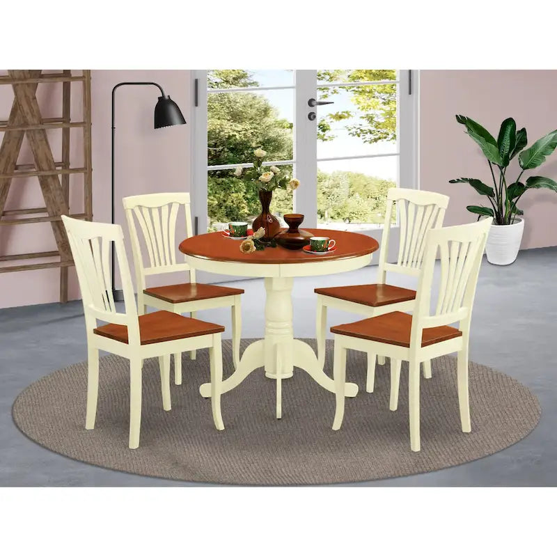  5 Piece Dining Room Furniture Set- A Round Kitchen Table and 4 Dining Chairs, Buttermilk & Cherry