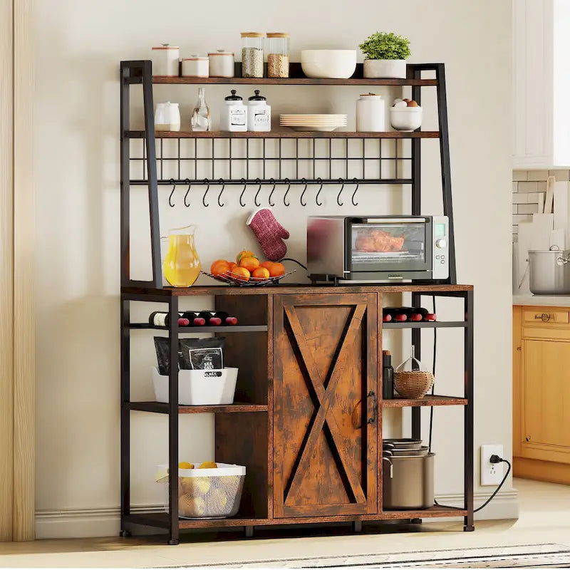  5-Tier Kitchen Bakers Rack with Power Outlets USB Ports, Microwave Stand with Door and Shelves