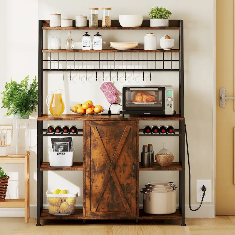 Étagère de cuisine à 5 niveaux avec prises de courant et ports USB, support de micro-ondes avec porte et étagères