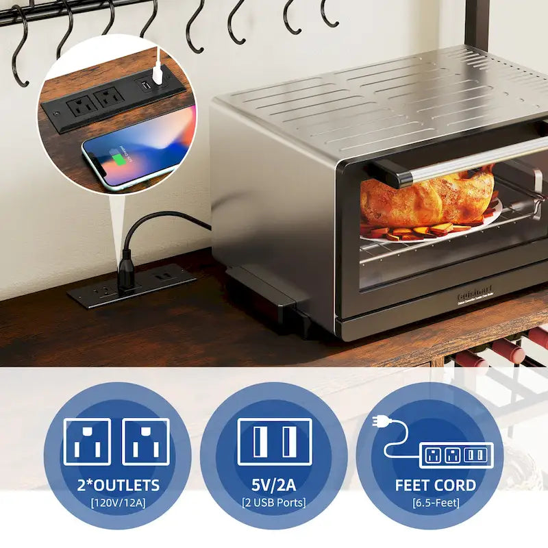Étagère de cuisine à 5 niveaux avec prises de courant et ports USB, support de micro-ondes avec porte et étagères