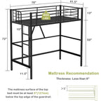 Lit mezzanine taille jumeau, cadre de lit en métal robuste avec garde-corps pleine longueur et escalier amovible pour juniors et adultes