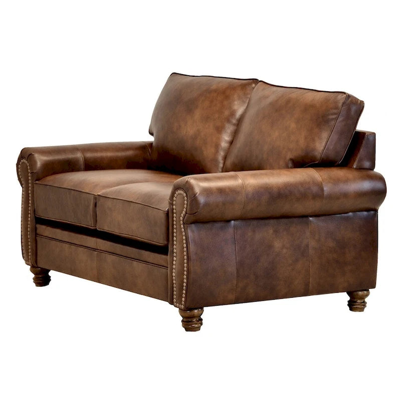 Ensemble canapé et causeuse en cuir pleine fleur marron Cabot, fabriqué aux États-Unis