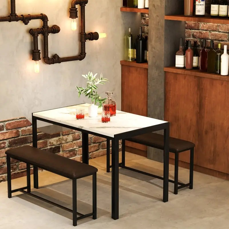 Ensemble de salle à manger 3 pièces en faux marbre, ensemble de table de cuisine avec 2 bancs en cuir PU pour salle à manger, coin petit-déjeuner