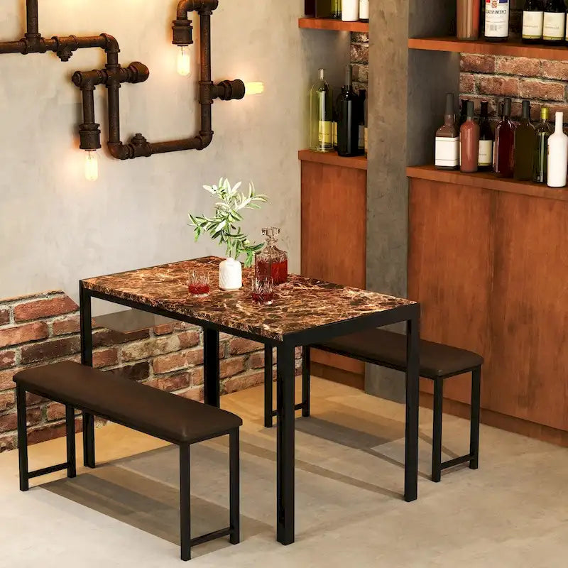 Ensemble de salle à manger 3 pièces en faux marbre, ensemble de table de cuisine avec 2 bancs en cuir PU pour salle à manger, coin petit-déjeuner
