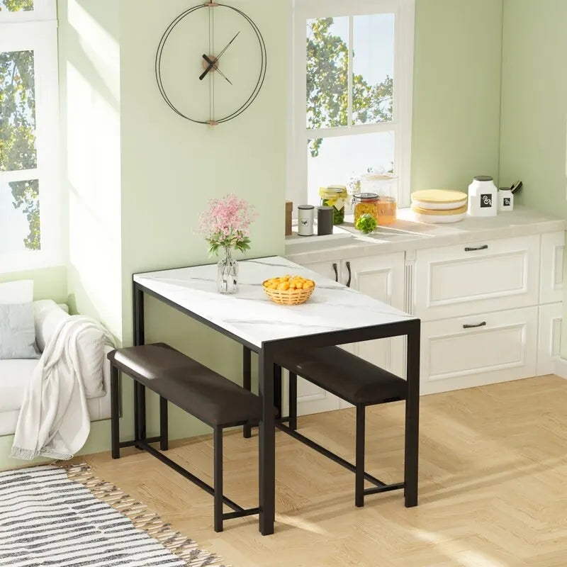 Ensemble de salle à manger 3 pièces en faux marbre, ensemble de table de cuisine avec 2 bancs en cuir PU pour salle à manger, coin petit-déjeuner