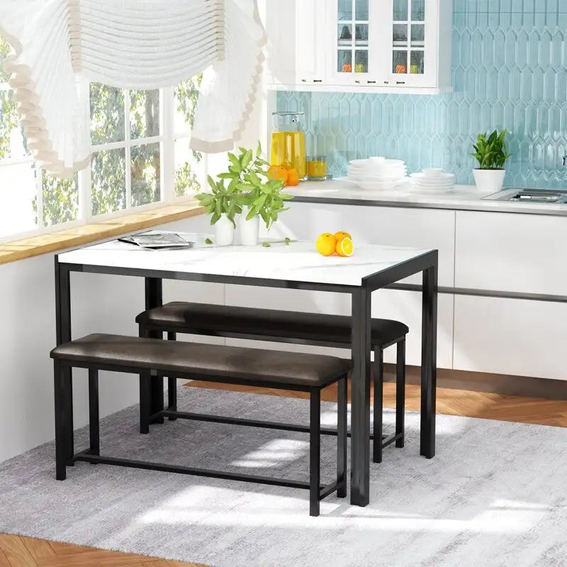 Ensemble de salle à manger 3 pièces en faux marbre, ensemble de table de cuisine avec 2 bancs en cuir PU pour salle à manger, coin petit-déjeuner