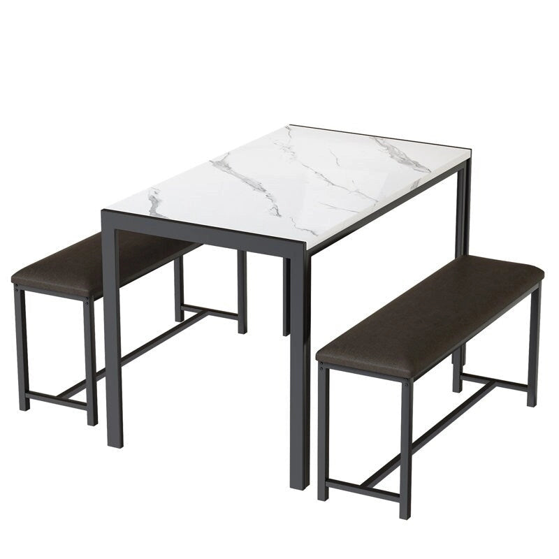 Ensemble de salle à manger 3 pièces en faux marbre, ensemble de table de cuisine avec 2 bancs en cuir PU pour salle à manger, coin petit-déjeuner