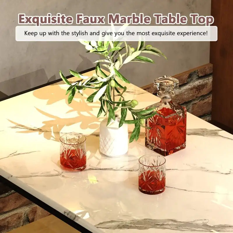 Ensemble de salle à manger 3 pièces en faux marbre, ensemble de table de cuisine avec 2 bancs en cuir PU pour salle à manger, coin petit-déjeuner