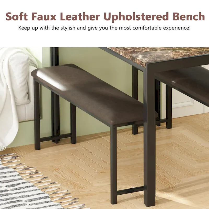 Ensemble de salle à manger 3 pièces en faux marbre, ensemble de table de cuisine avec 2 bancs en cuir PU pour salle à manger, coin petit-déjeuner