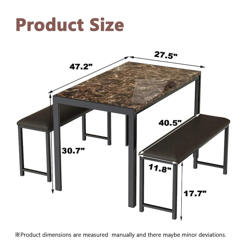 Ensemble de salle à manger 3 pièces en faux marbre, ensemble de table de cuisine avec 2 bancs en cuir PU pour salle à manger, coin petit-déjeuner