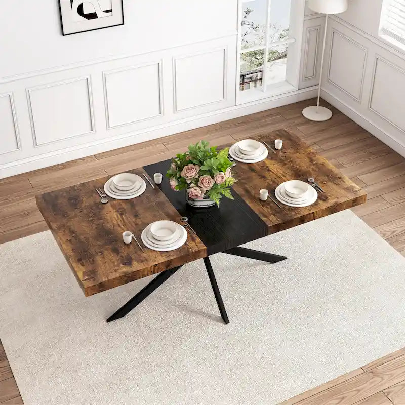Table à manger extensible rectangulaire rétro avec piètement en croix en fer