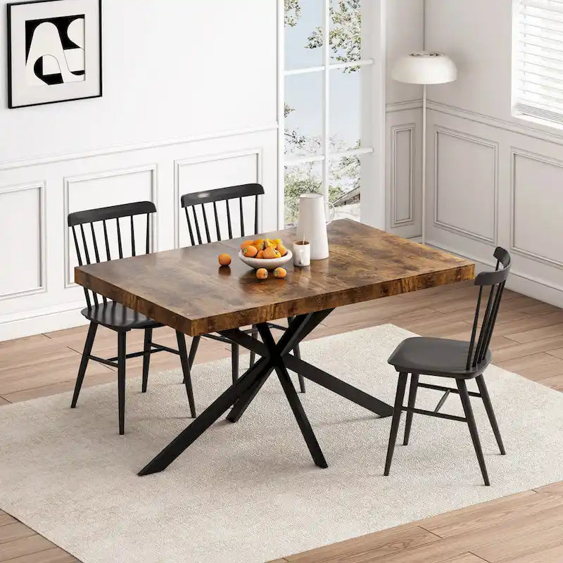 Table à manger extensible rectangulaire rétro avec piètement en croix en fer
