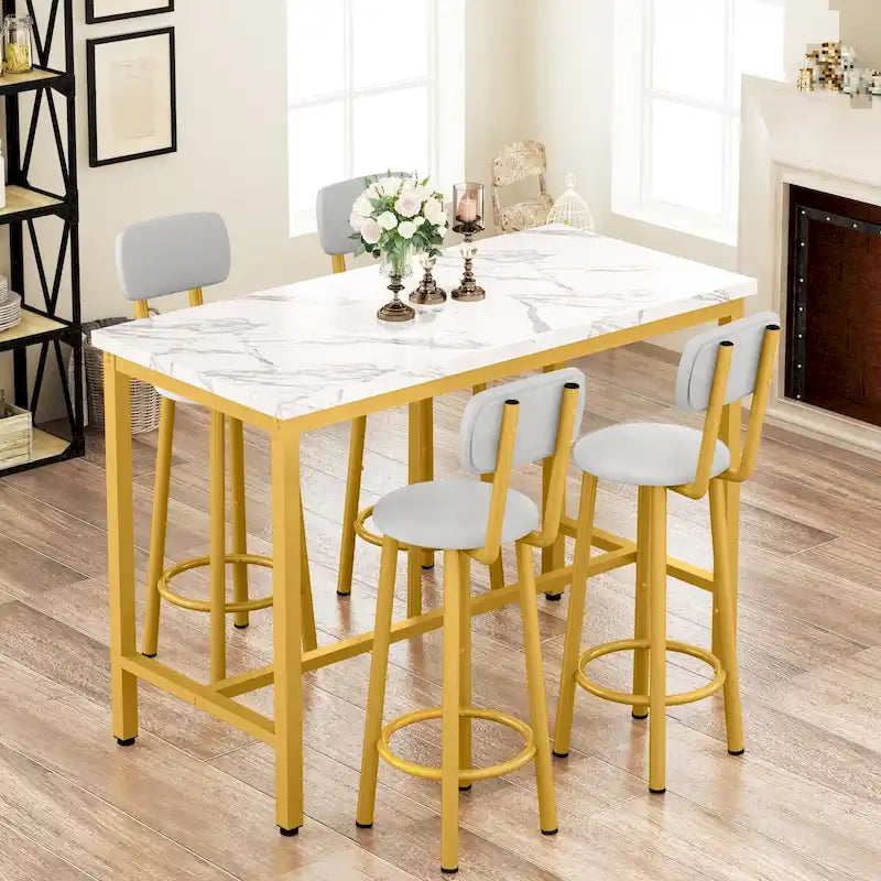 Ensemble table de salle à manger 5 pièces style moderne Mieres, table de bar à plateau en faux marbre avec 4 tabourets de bar rembourrés