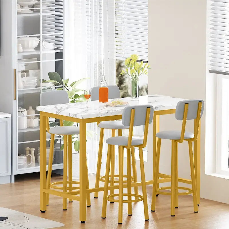 Ensemble table de salle à manger 5 pièces style moderne Mieres, table de bar à plateau en faux marbre avec 4 tabourets de bar rembourrés